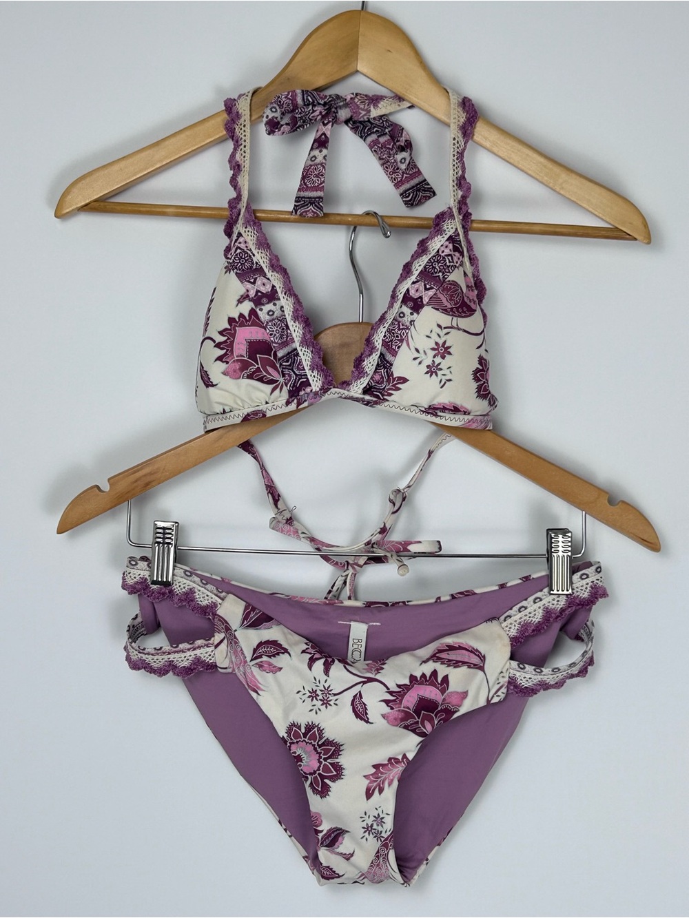 BECCA Purple Floral Bikini Set Lace Trim Halter Tie Women’s Medium